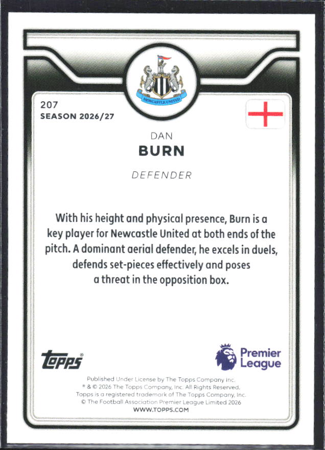 2026-27 Topps Premier League #207 Dan Burn – baksida
