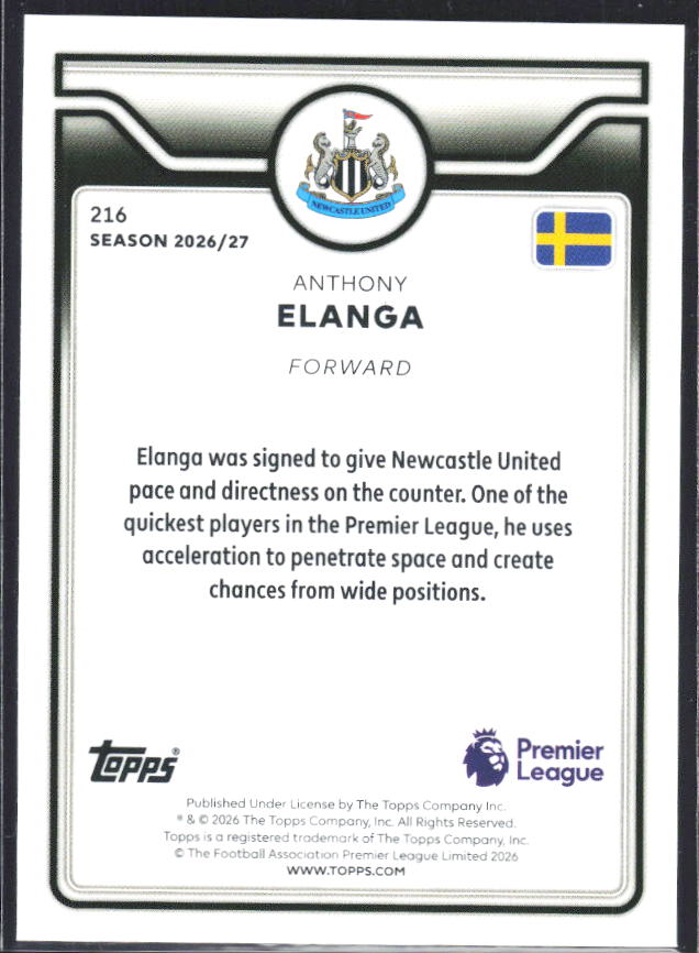 2026-27 Topps Premier League #216 Anthony Elanga – baksida