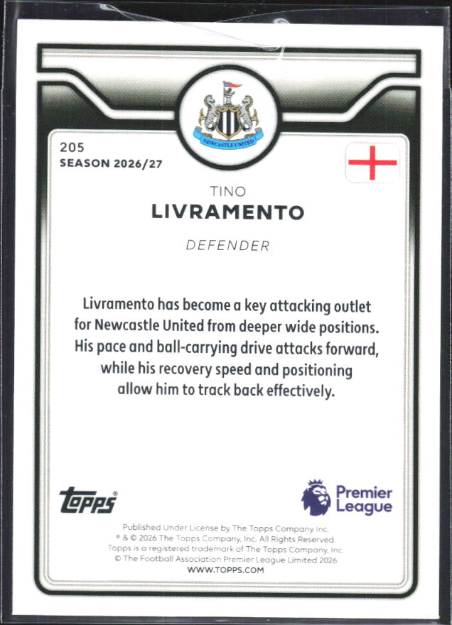 2026-27 Topps Premier League #205 Tino Livramento – baksida