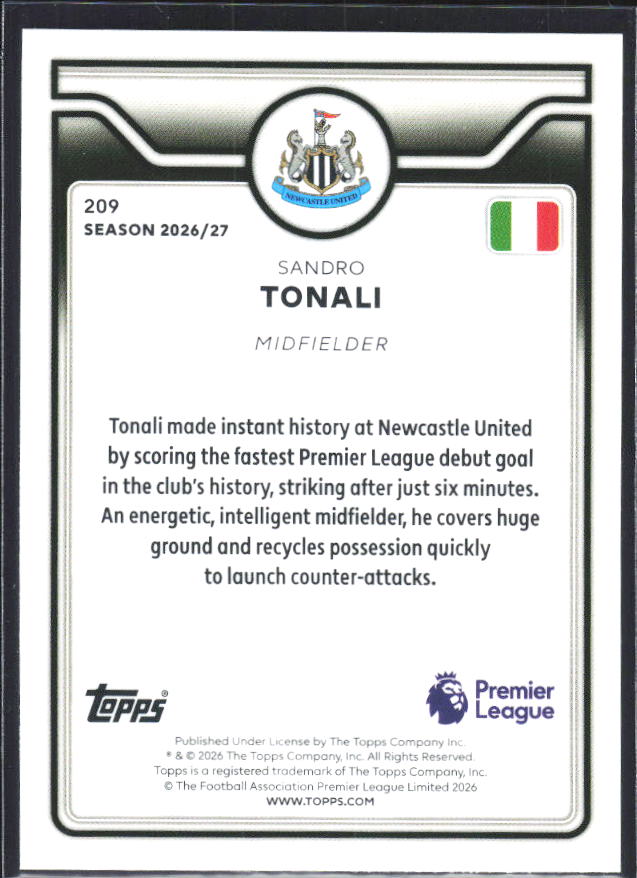 2026-27 Topps Premier League #209 Sandro Tonali – baksida