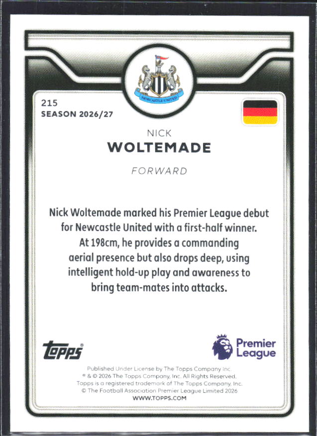 2026-27 Topps Premier League #215 Nick Woltemade – baksida
