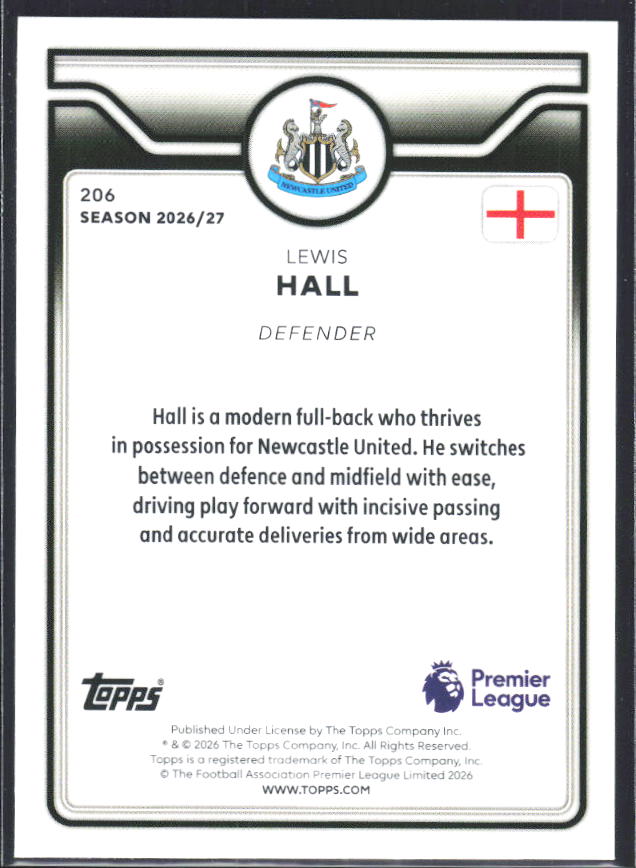 2026-27 Topps Premier League #206 Lewis Hall – baksida