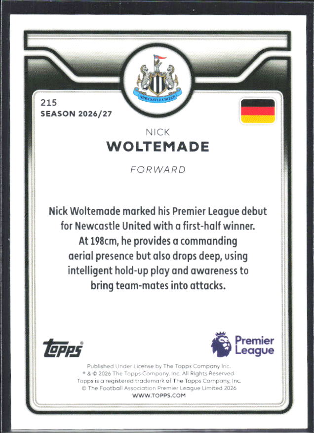 2026-27 Topps Premier League #215 Nick Woltemade – baksida