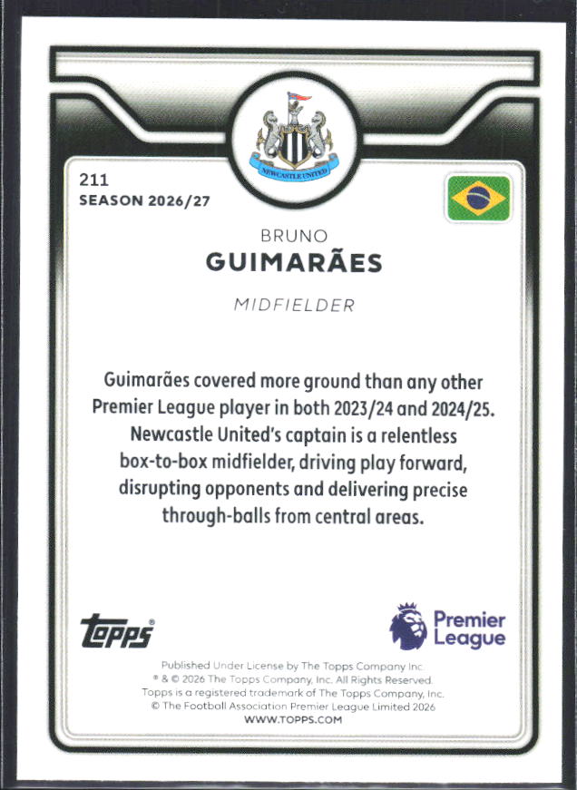 2026-27 Topps Premier League #211 Bruno Guimarães – baksida