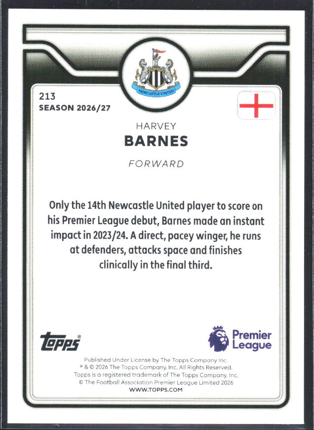 2026-27 Topps Premier League #213 Harvey Barnes – baksida