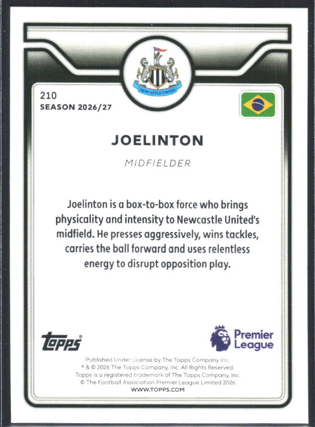 2026-27 Topps Premier League #210 Joelinton – baksida