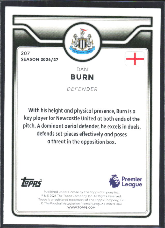2026-27 Topps Premier League #207 Dan Burn – baksida