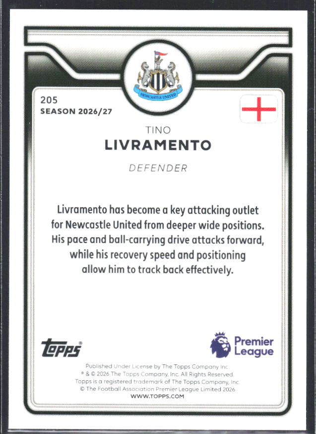 2026-27 Topps Premier League #205 Tino Livramento – baksida