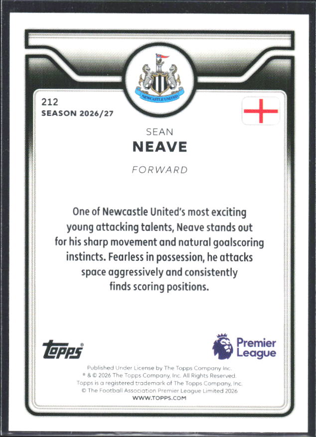 2026-27 Topps Premier League #212 Sean Neave – baksida