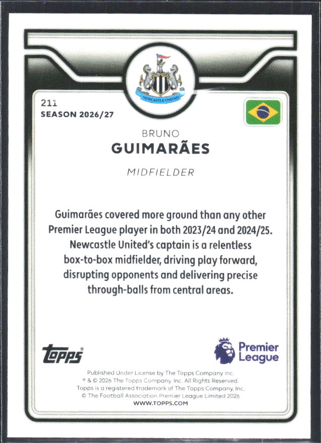 2026-27 Topps Premier League #211 Bruno Guimarães – baksida