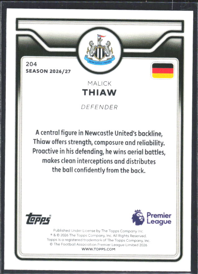 2026-27 Topps Premier League #204 Malick Thiaw – baksida