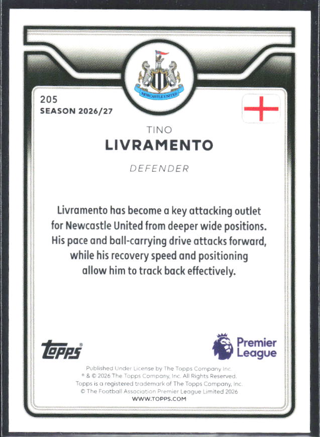 2026-27 Topps Premier League #205 Tino Livramento – baksida