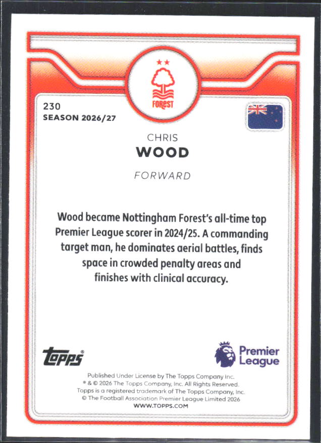 2026-27 Topps Premier League #230 Chris Wood – baksida