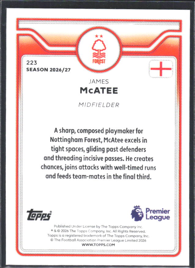 2026-27 Topps Premier League #223 James McAtee – baksida
