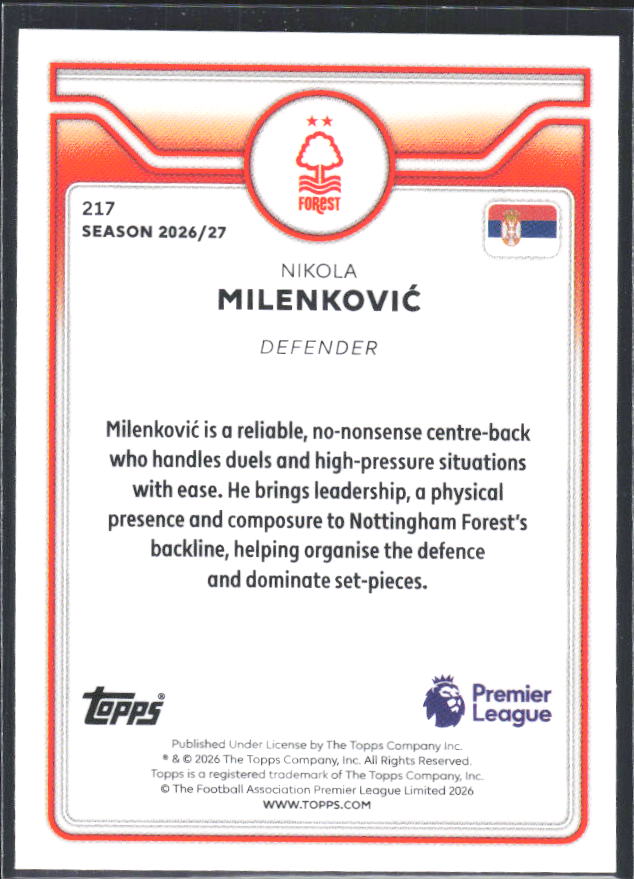 2026-27 Topps Premier League #217 Nikola Milenković – baksida