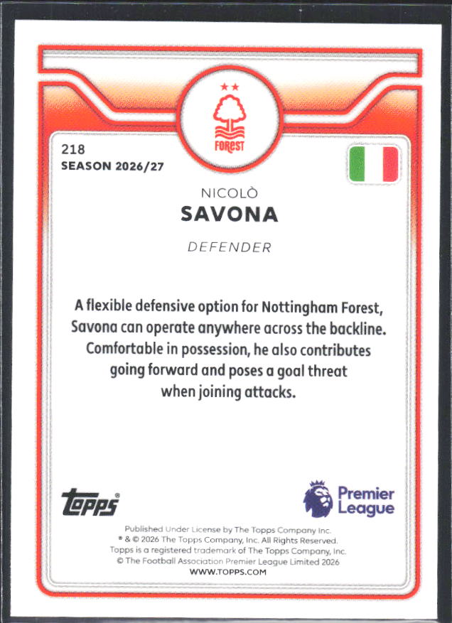 2026-27 Topps Premier League #218 Nicolò Savona – baksida