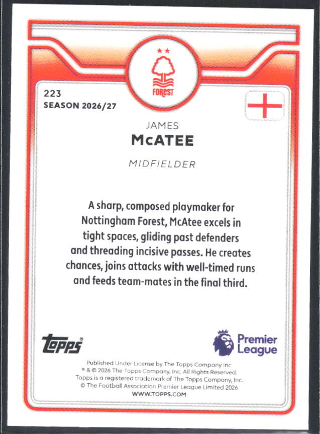 2026-27 Topps Premier League #223 James McAtee – baksida