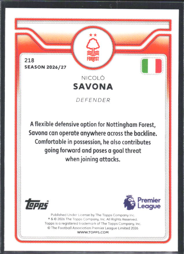 2026-27 Topps Premier League #218 Nicolò Savona – baksida