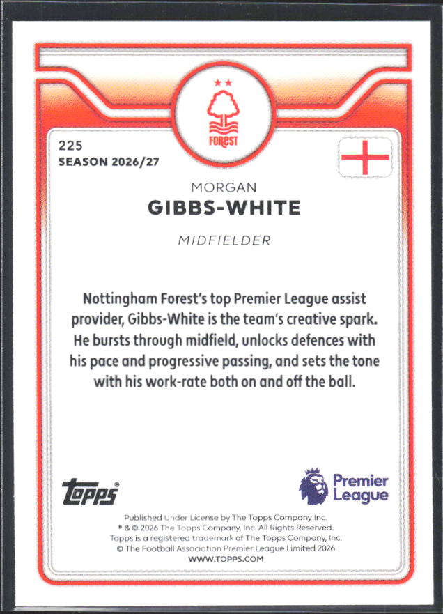 2026-27 Topps Premier League #225 Morgan Gibbs-White – baksida