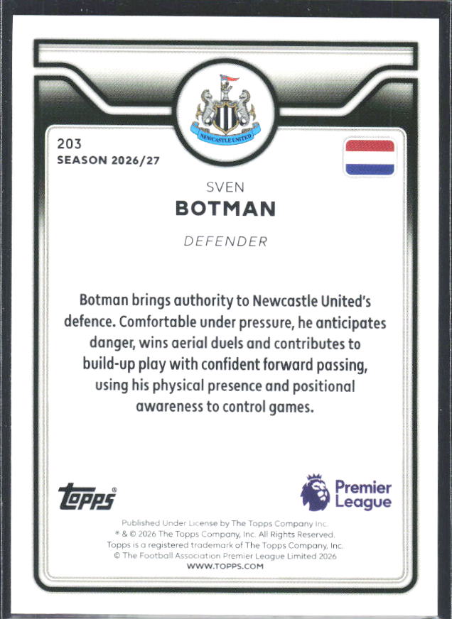 2026-27 Topps Premier League #203 Sven Botman – baksida