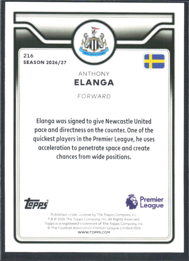 2026-27 Topps Premier League #216 Anthony Elanga – baksida