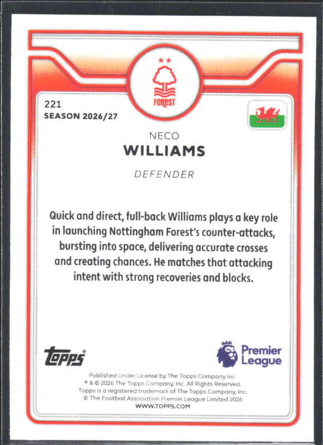 2026-27 Topps Premier League #221 Neco Williams – baksida