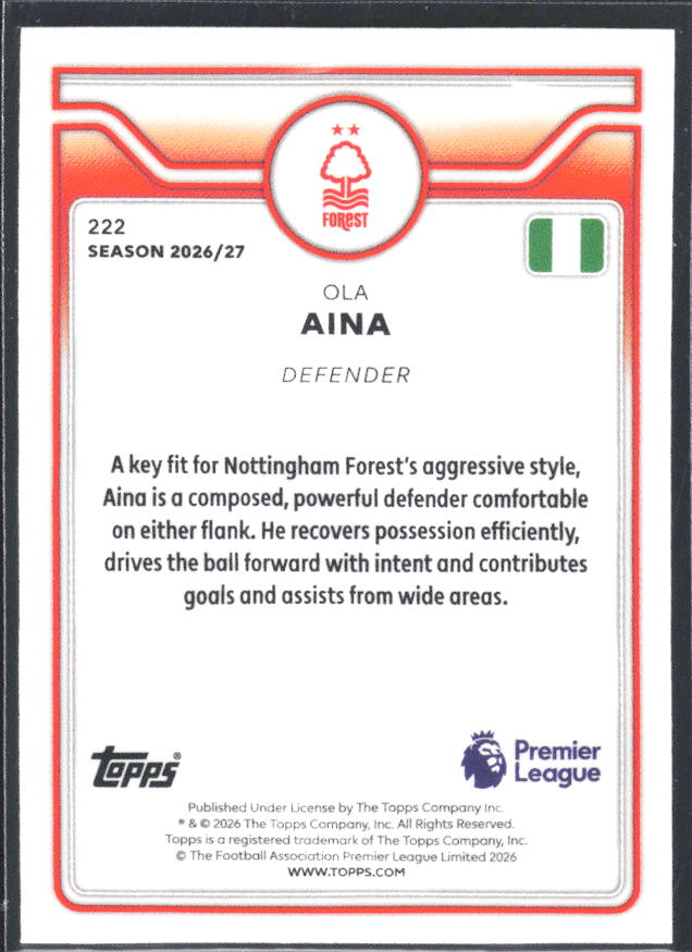 2026-27 Topps Premier League #222 Ola Aina – baksida