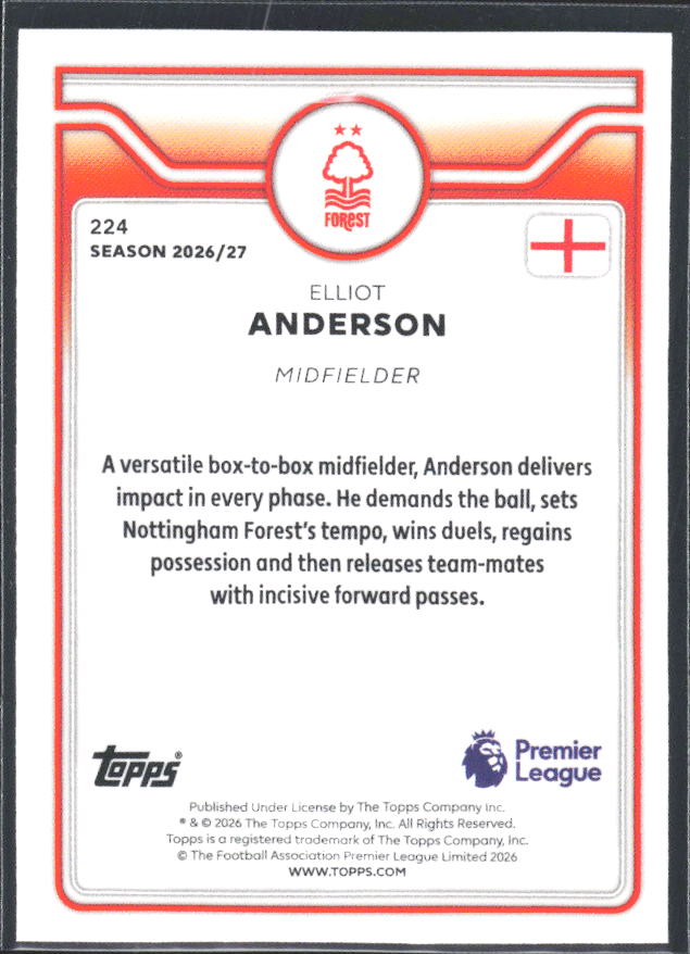 2026-27 Topps Premier League #224 Elliot Anderson – baksida