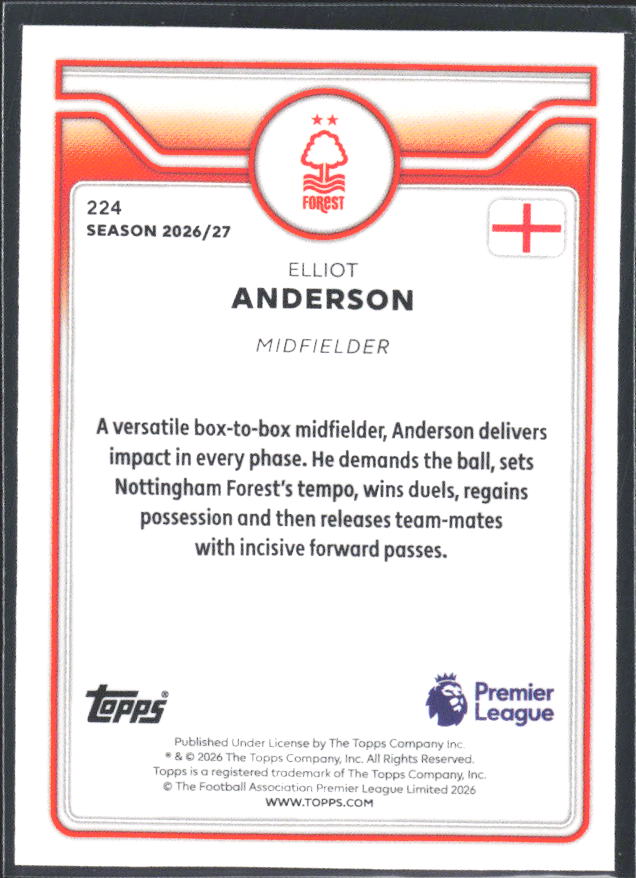 2026-27 Topps Premier League #224 Elliot Anderson – baksida