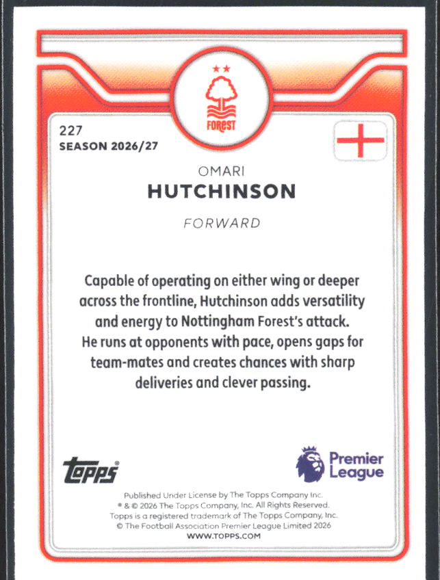 2026-27 Topps Premier League #227 Omari Hutchinson – baksida