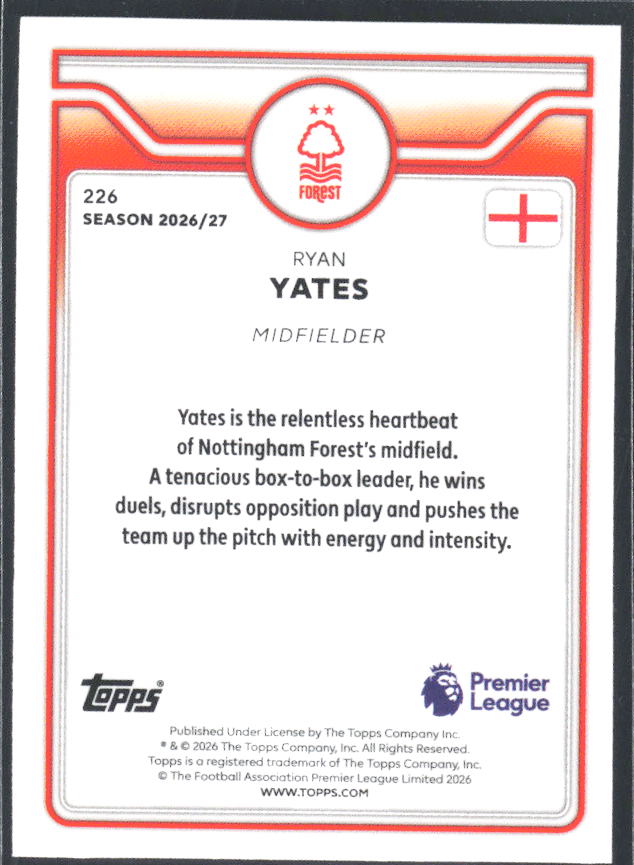 2026-27 Topps Premier League #226 Ryan Yates – baksida