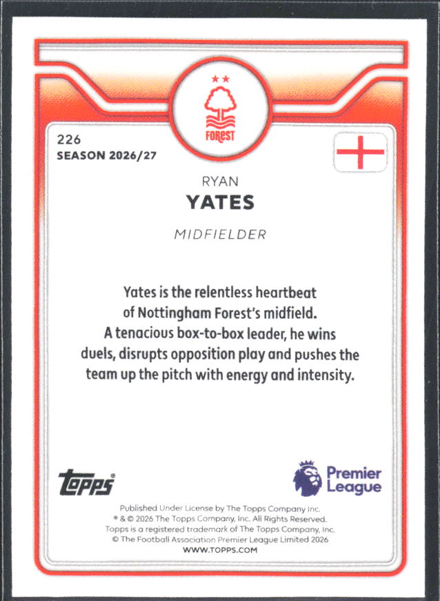 2026-27 Topps Premier League #226 Ryan Yates – baksida