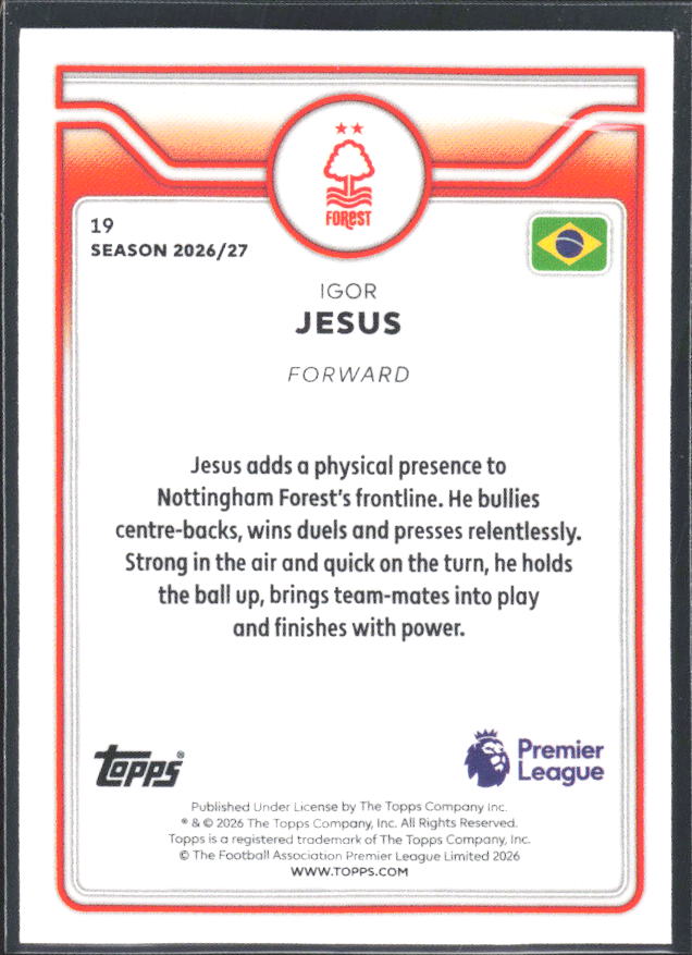 2026-27 Topps Premier League #19 Igor Jesus Future Stars – baksida