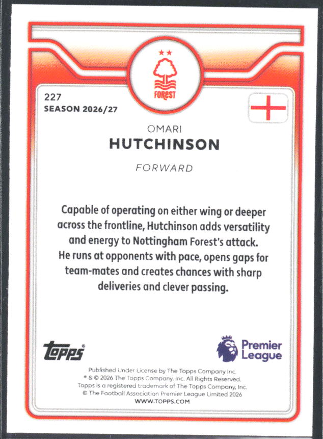 2026-27 Topps Premier League #227 Omari Hutchinson – baksida