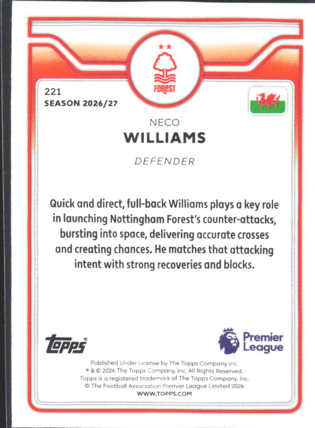 2026-27 Topps Premier League #221 Neco Williams – baksida