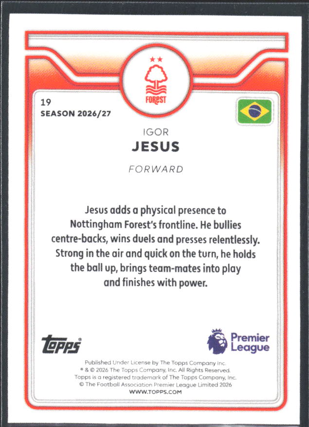 2026-27 Topps Premier League #19 Igor Jesus Future Stars – baksida