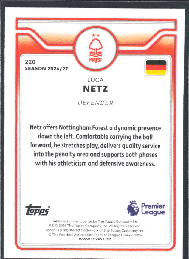 2026-27 Topps Premier League #220 Luca Netz – baksida