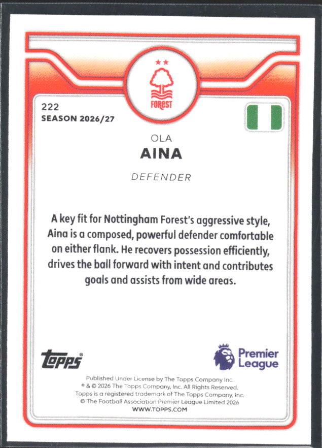 2026-27 Topps Premier League #222 Ola Aina – baksida