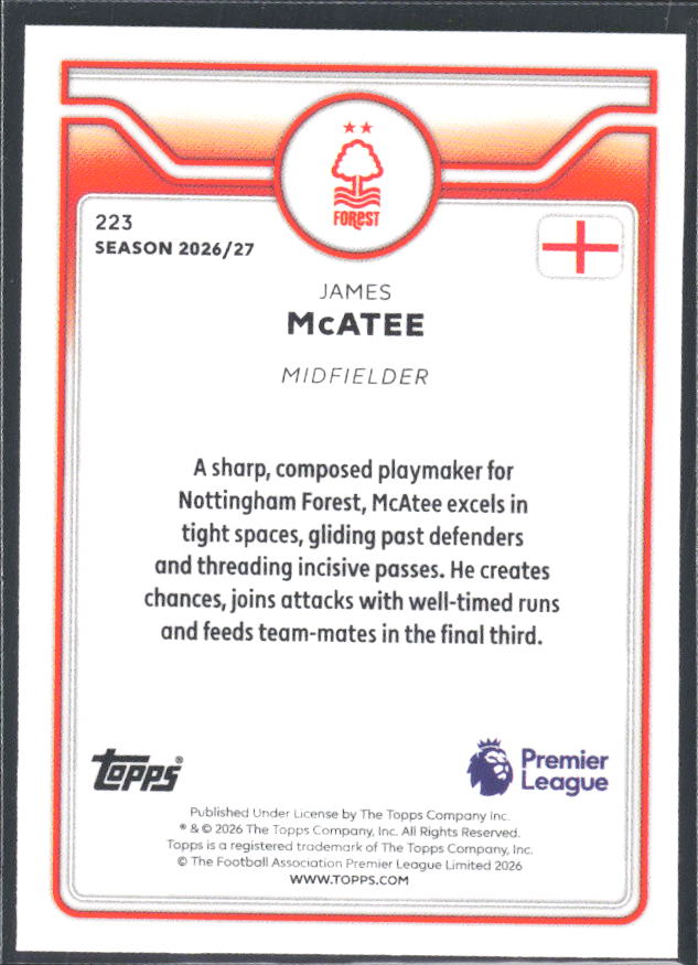 2026-27 Topps Premier League #223 James McAtee – baksida