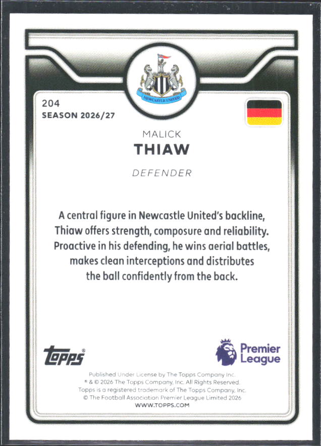 2026-27 Topps Premier League #204 Malick Thiaw – baksida