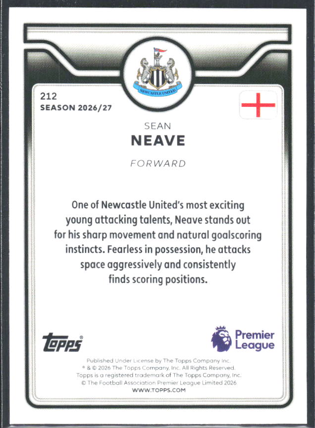 2026-27 Topps Premier League #212 Sean Neave – baksida