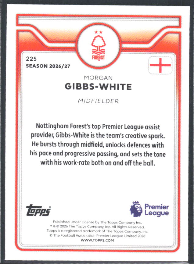 2026-27 Topps Premier League #225 Morgan Gibbs-White – baksida