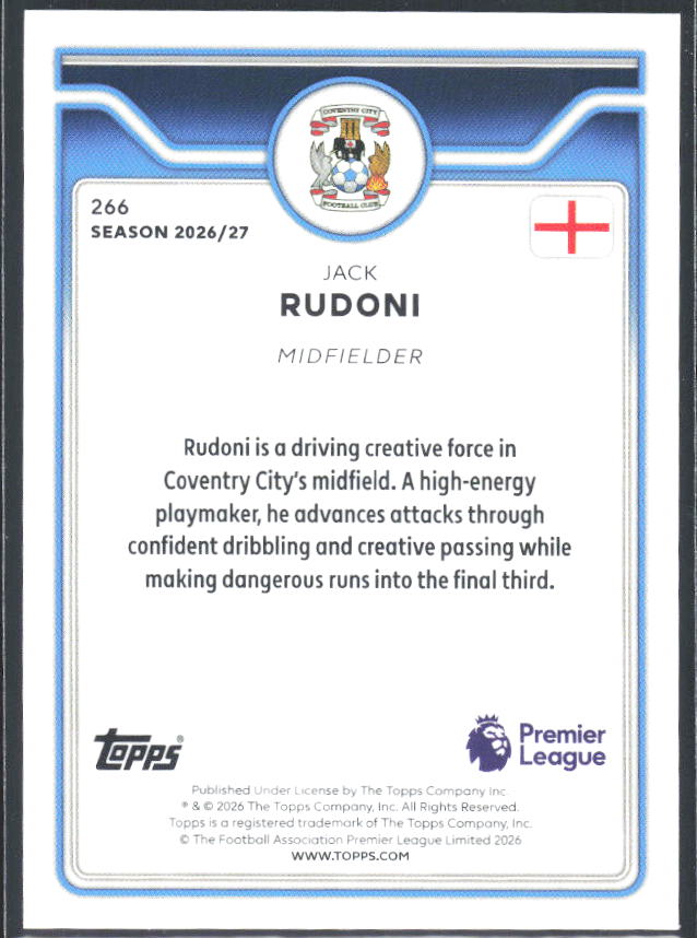 2026-27 Topps Premier League #266 Jack Rudoni – baksida