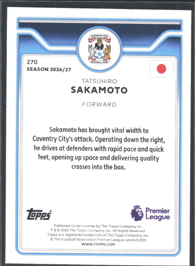 2026-27 Topps Premier League #270 Tatsuhiro Sakamoto – baksida