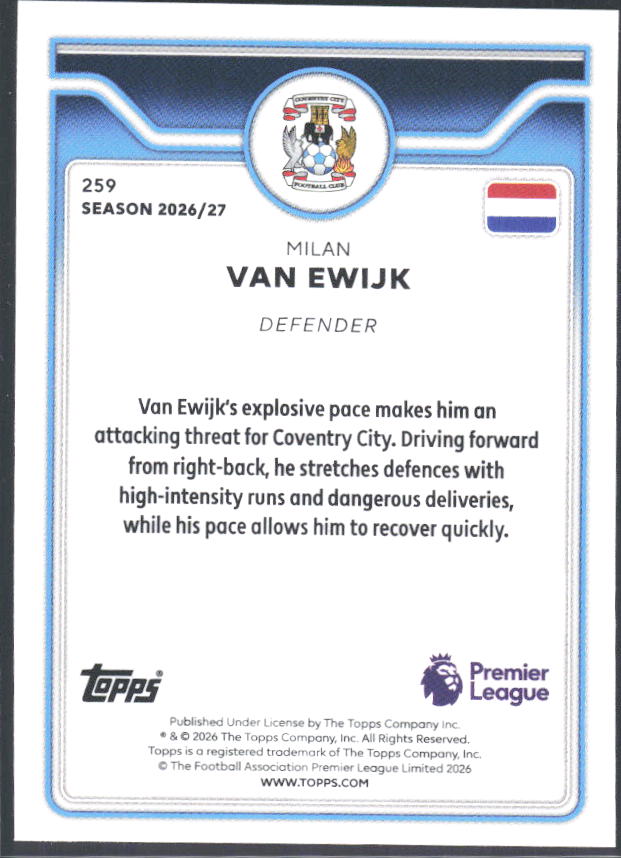 2026-27 Topps Premier League #259 Milan van Ewijk – baksida