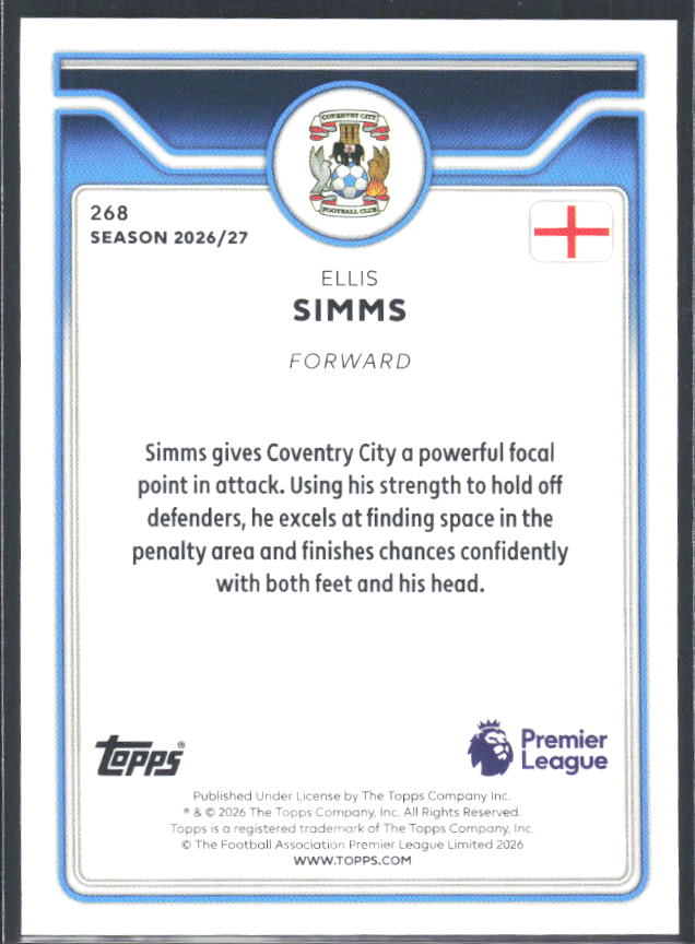 2026-27 Topps Premier League #268 Ellis Simms – baksida