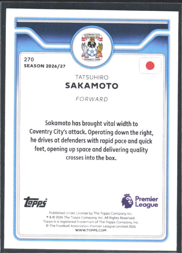 2026-27 Topps Premier League #270 Tatsuhiro Sakamoto – baksida