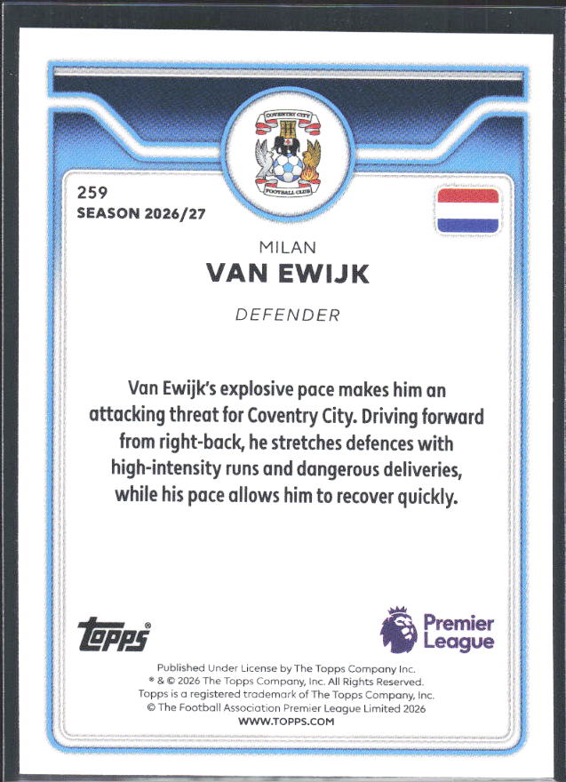 2026-27 Topps Premier League #259 Milan van Ewijk – baksida