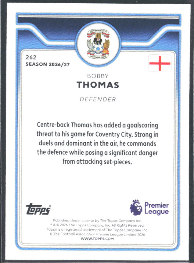 2026-27 Topps Premier League #262 Bobby Thomas – baksida
