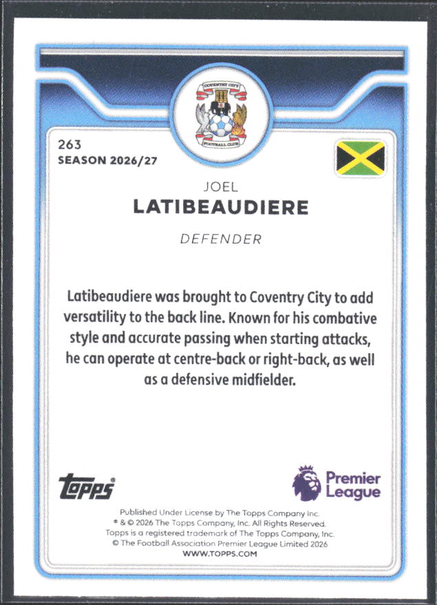 2026-27 Topps Premier League #263 Joel Latibeaudiere – baksida